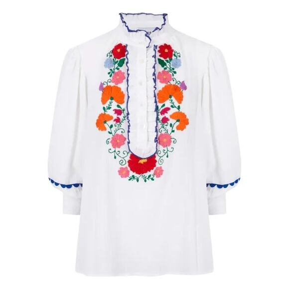 Antik Batik Clotilda Hand-Embroidered Floral Cotton Crepe Blouse White - 42 (L) - Picture 3 of 11